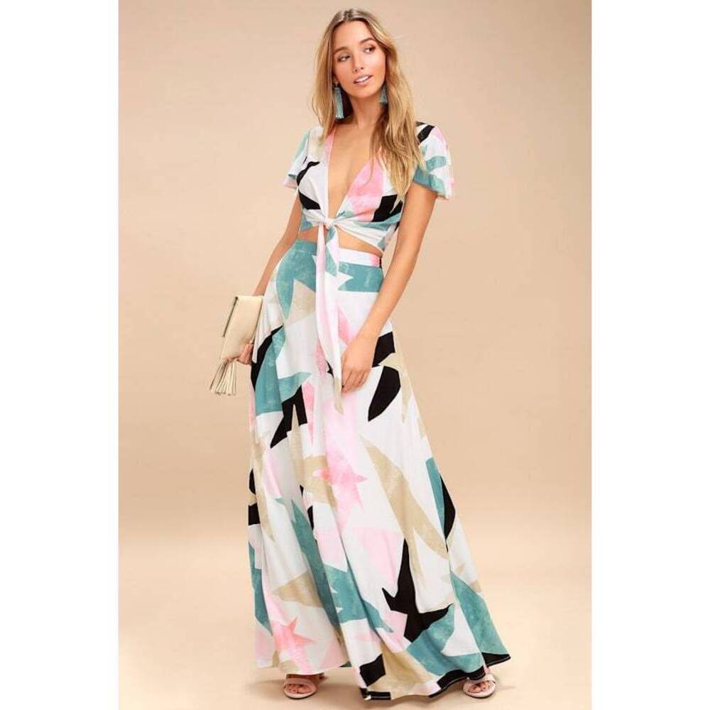 Lulus Daydreaming White Print Two-piece Maxi Dress - Size S